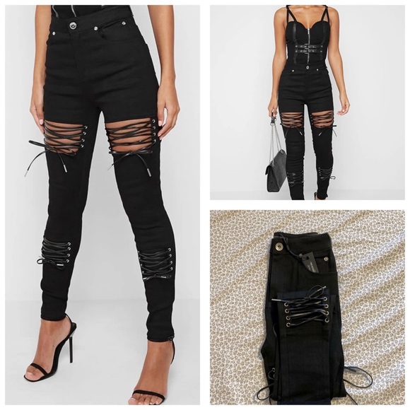 Manière de Voir Denim - High-Rise Black Lace-Up Distressed Women's Jeans